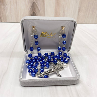 Blue-White 7mm Pearl Rosary with box Rosary Crossroads Collective