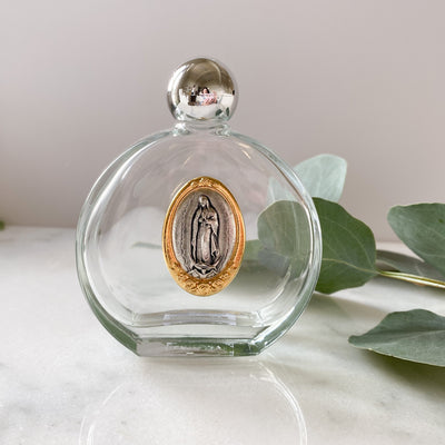 Glass Holy Water Bottle with Our Lady of Guadalupe Medal Holy Water Bottle Crossroads Collective