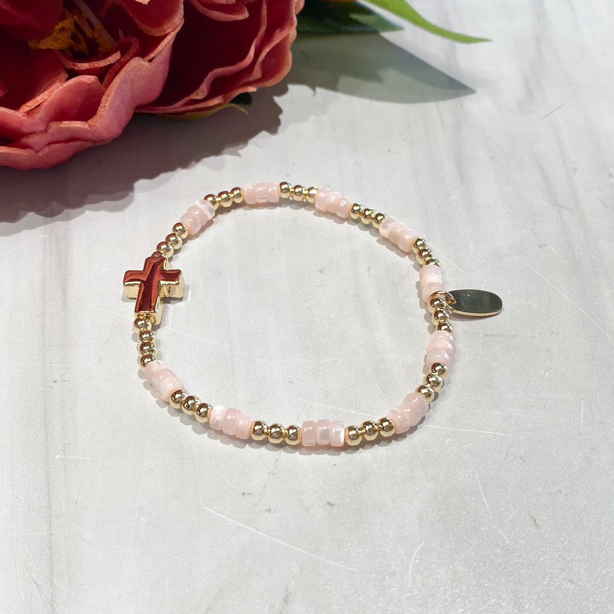 Child Size Gold Side Cross Stretch Beaded Bracelet (3) Colors