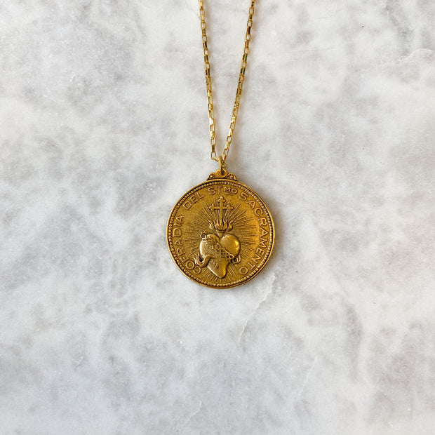Antique Sacred Heart Coin Necklace