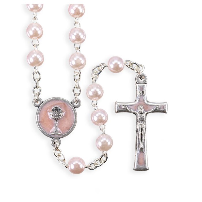 5mm Pink Glass Bead Communion Rosary with an Enameled Chalice and Crucifix Boxed