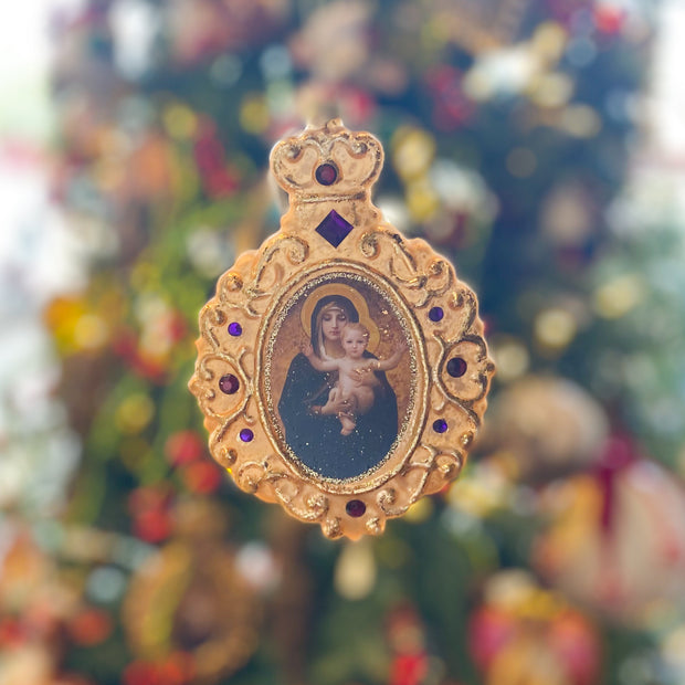 Glass Red/Gold Virgin and Child Ornament