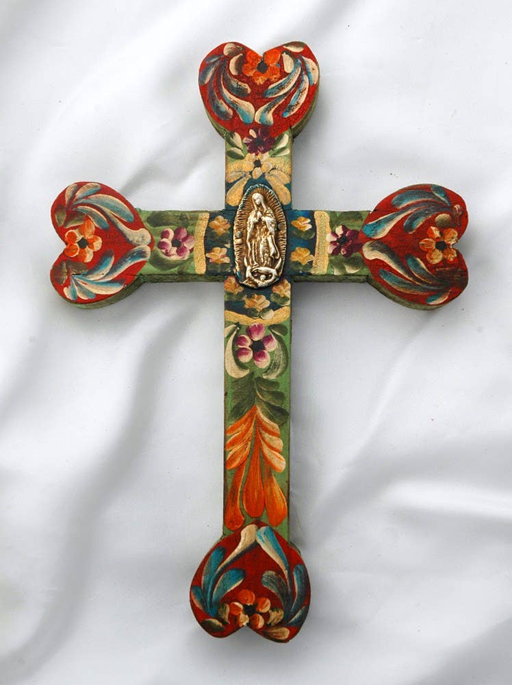 MXC9 - Hand-Painted Mexican Heart-Shaped Wall Cross