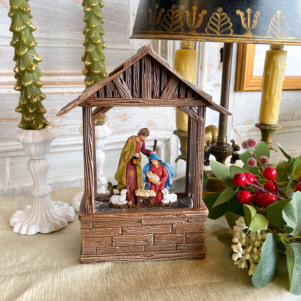 8.25"H LED Swirl Wood Stable W/ HOLY FAMILY; PORT/CORD