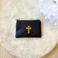 Dark Blue Calf Grained Leatherette with Gold Stamped Cross Image Rosary Pouch
