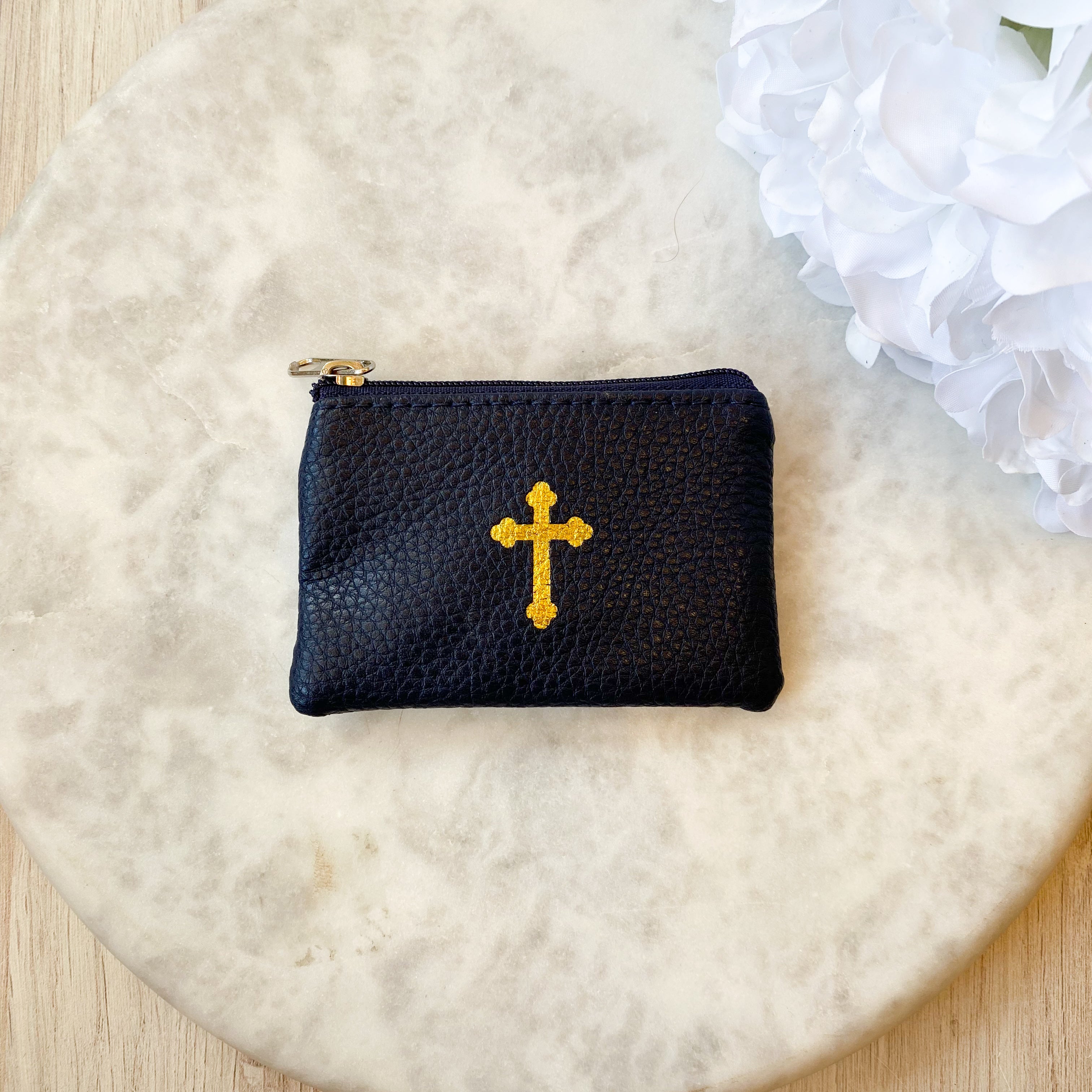 Dark Blue Calf Grained Leatherette with Gold Stamped Cross Image Rosary Pouch