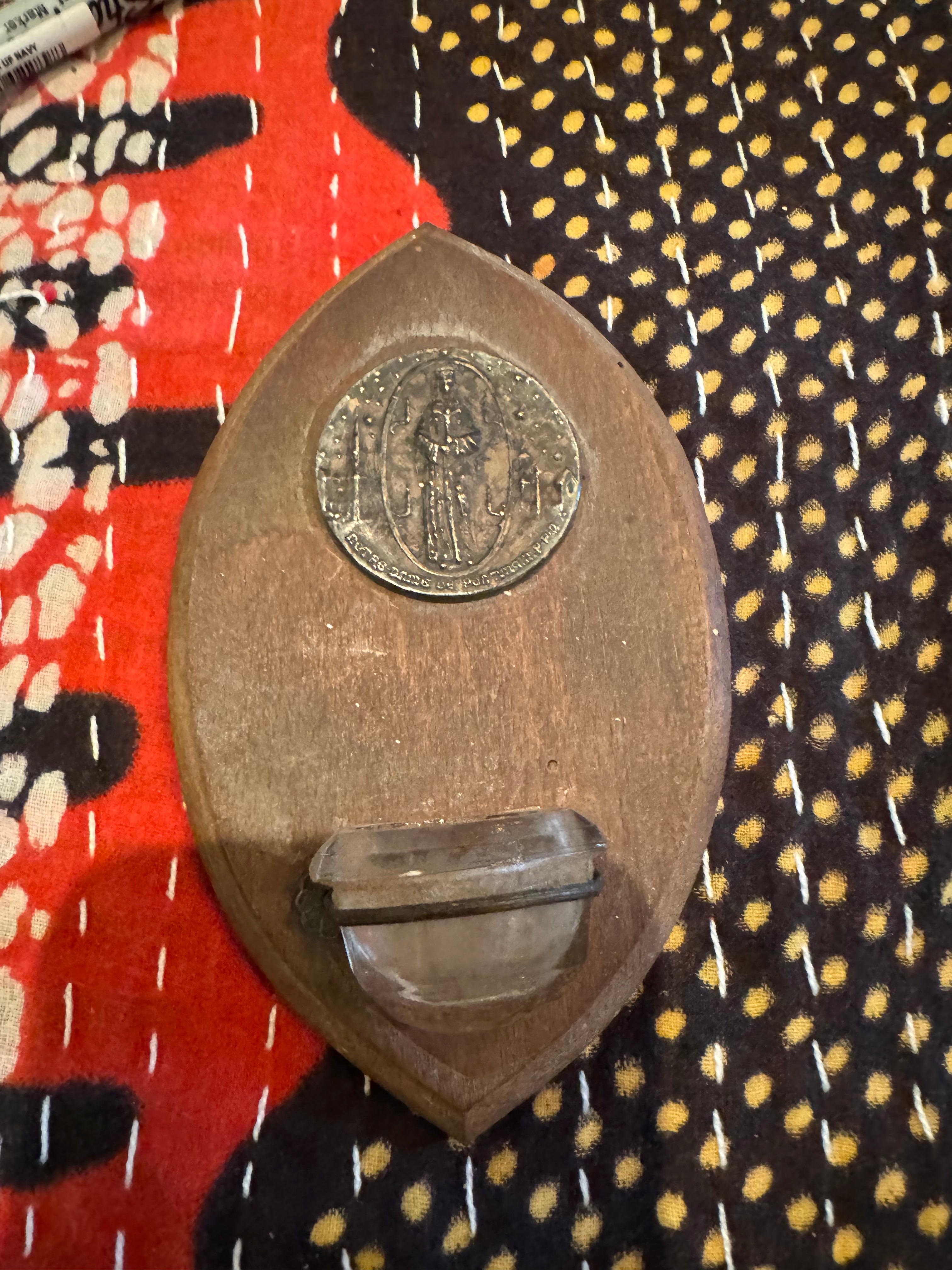 Antique French Wooden Notre Dame Holy Water Font