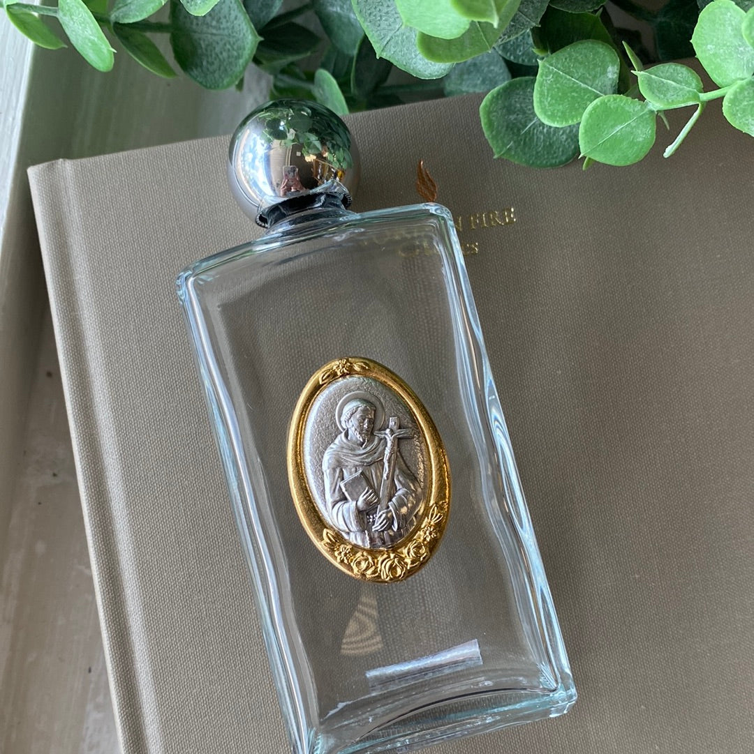 St. Francis holy water bottle, 5x2"