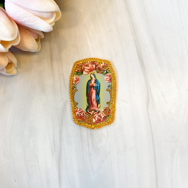 Our Lady of Guadalupe Gold Trim Fabric Holy Card Detente