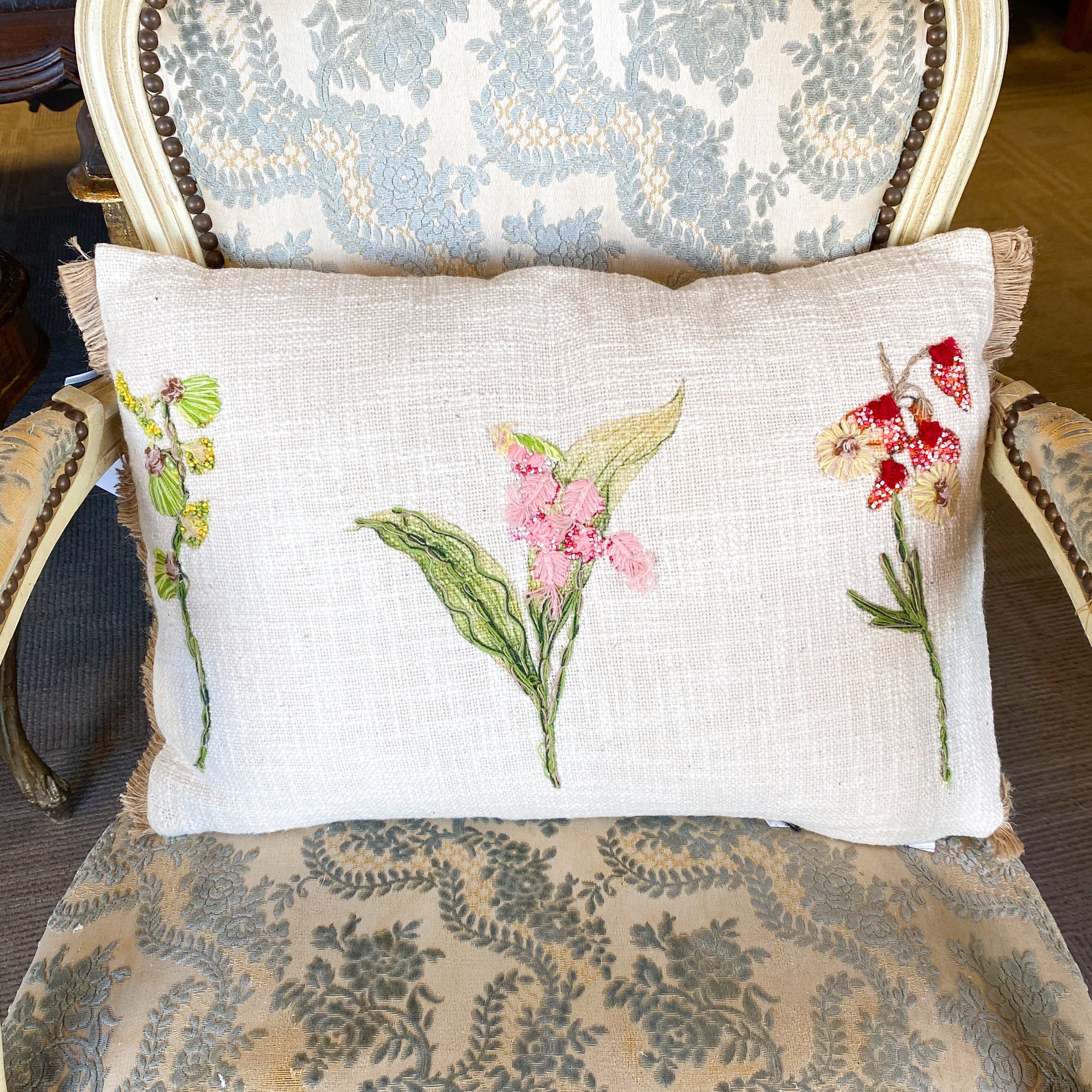 Cotton Lumber Pillow with Botanicals, Embroidery, Beads & Jute Fringe 19" L x 14" H