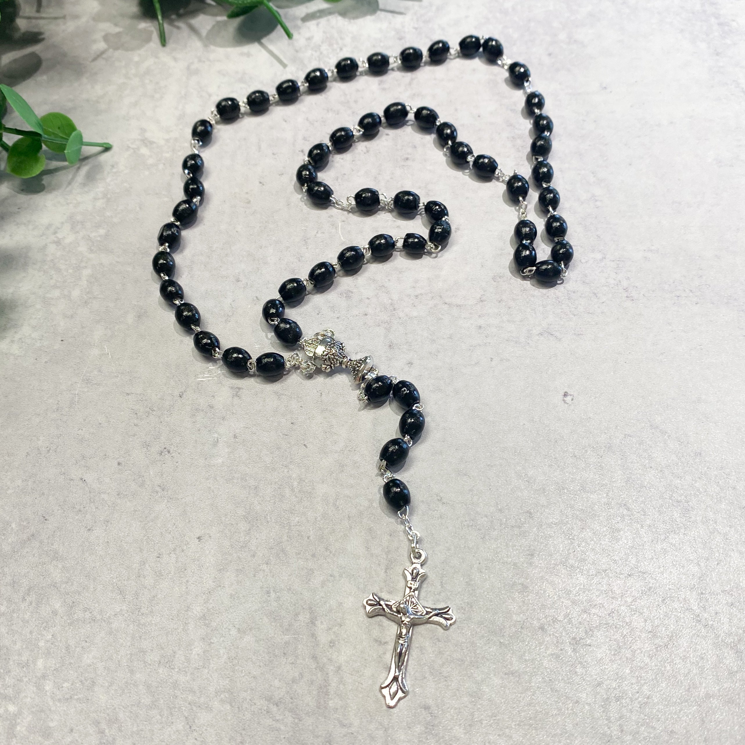 4mm Oval Black Wood Bead Communion Rosary with Crucifix and Chalice Center Boxed