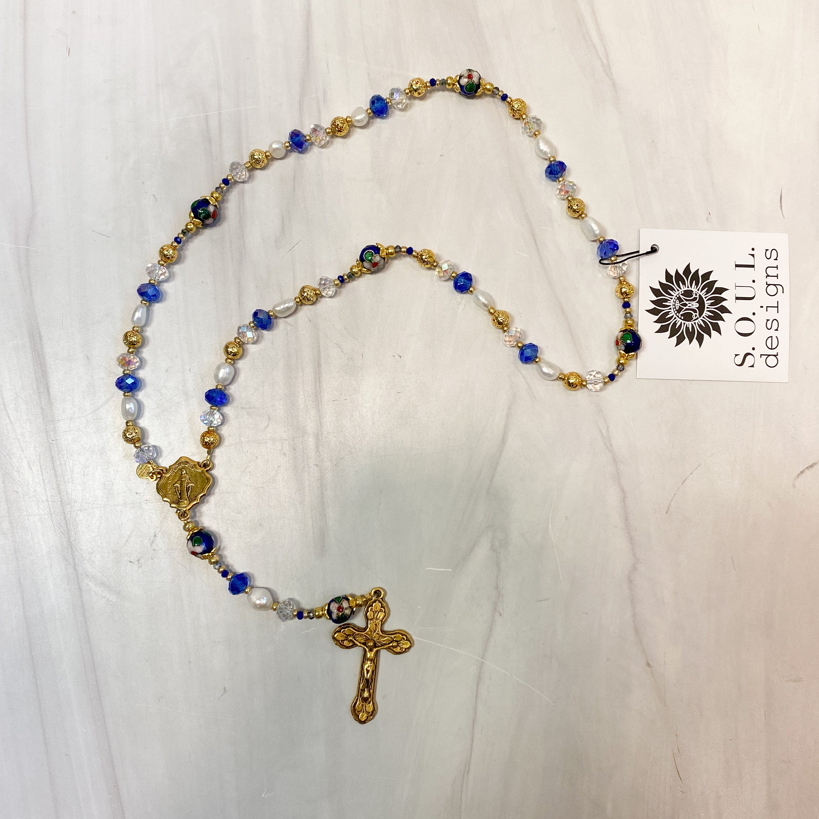 Lovely Lady Dressed in Blue Pearl Asian Cloisonne Rosary