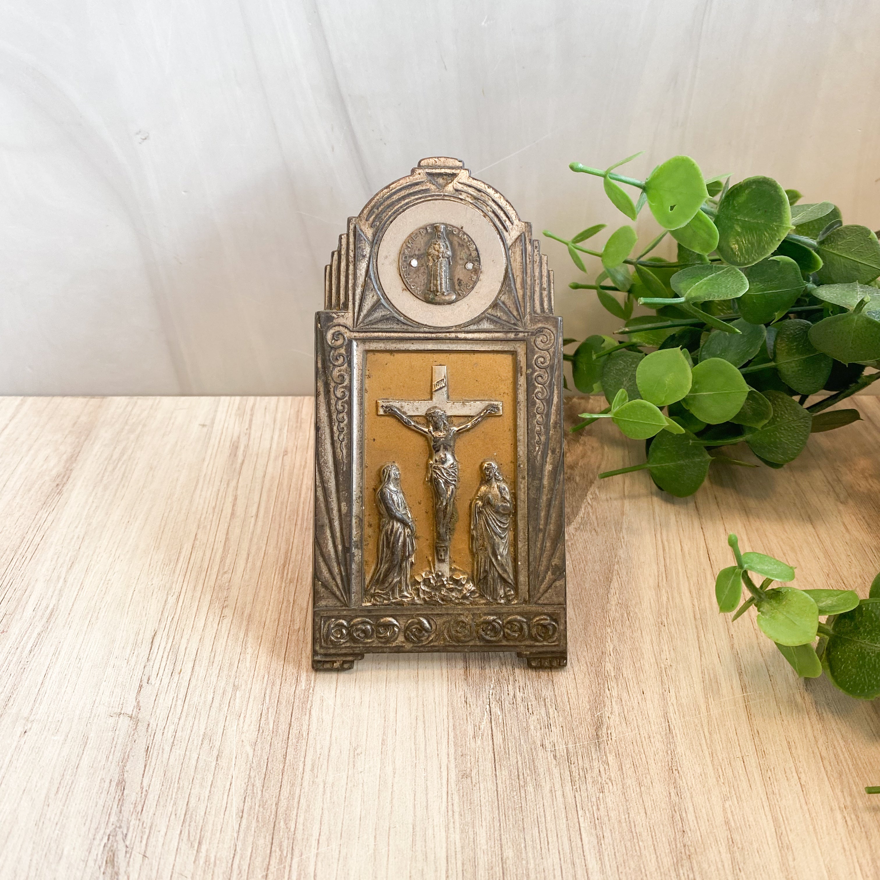 Antique French Crucifixion on Metal Easel