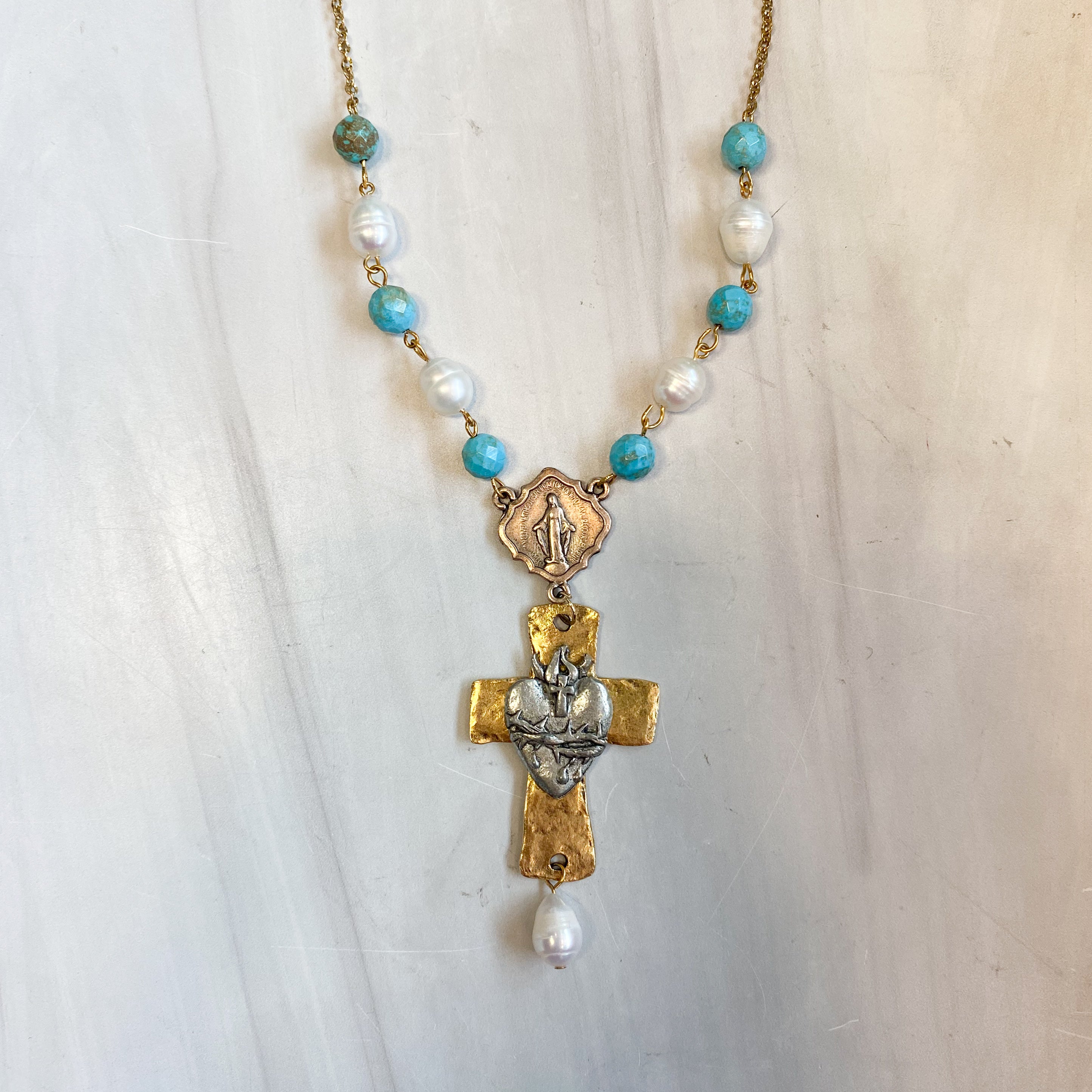 Genuine Turquoise & Pearl Sacred Heart Necklace/ 1 Decade Rosary