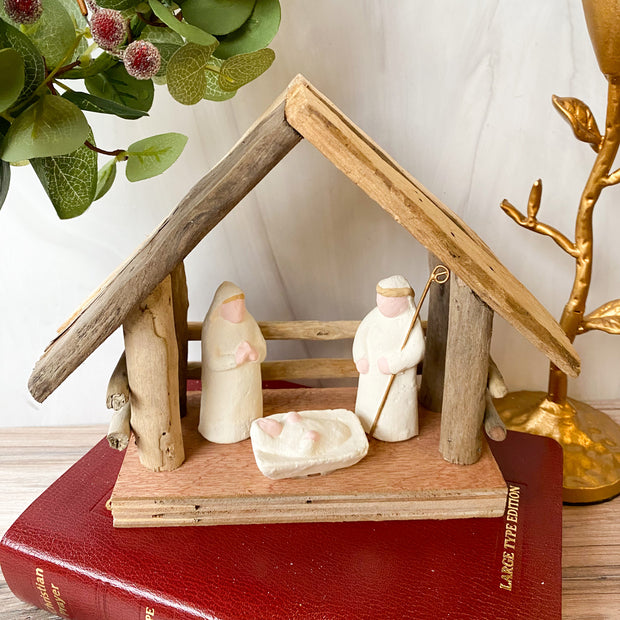 Driftwood Paper Mache Nativity with Base