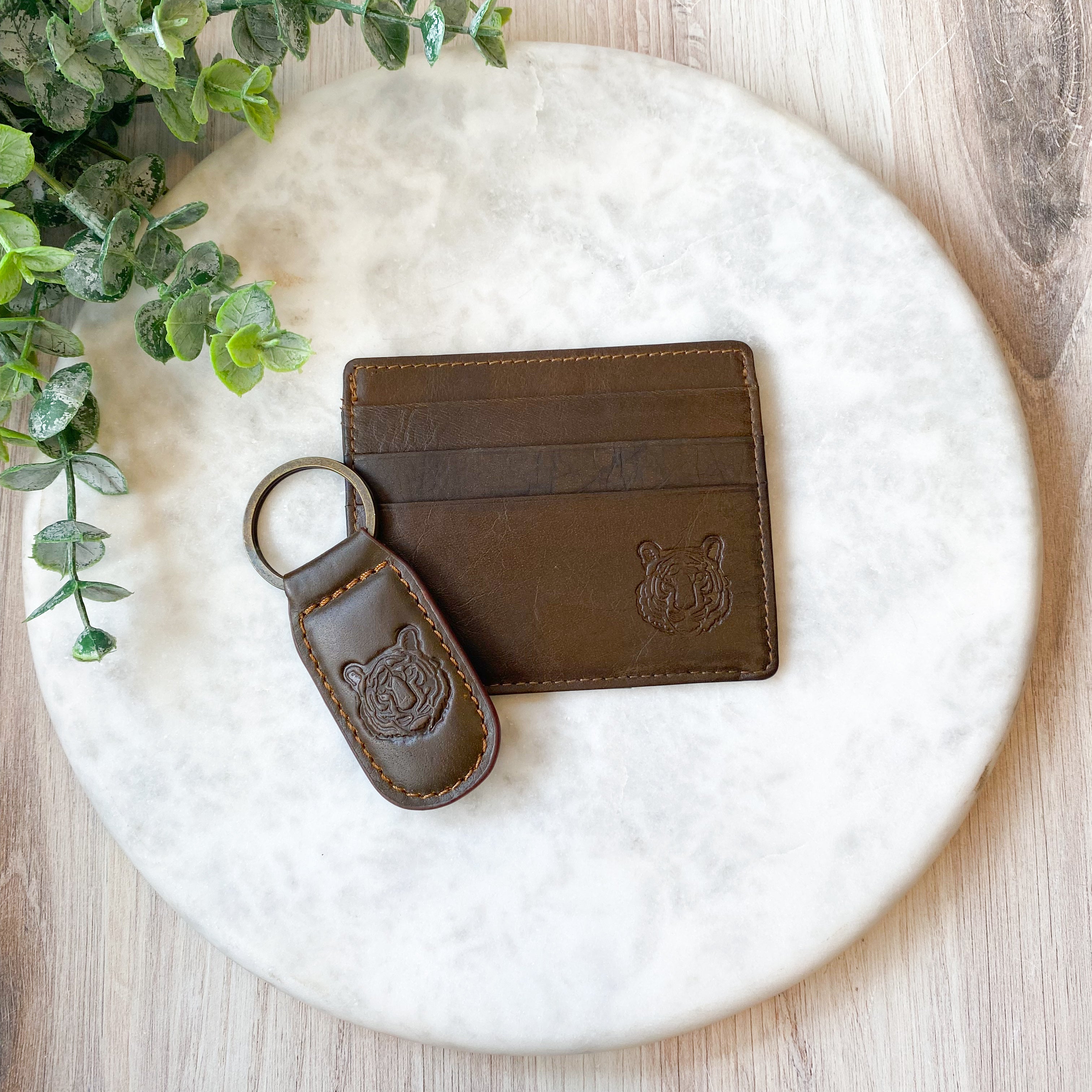 Tiger Leather Embossed Slim Wallet Dark Brown 3.5x4