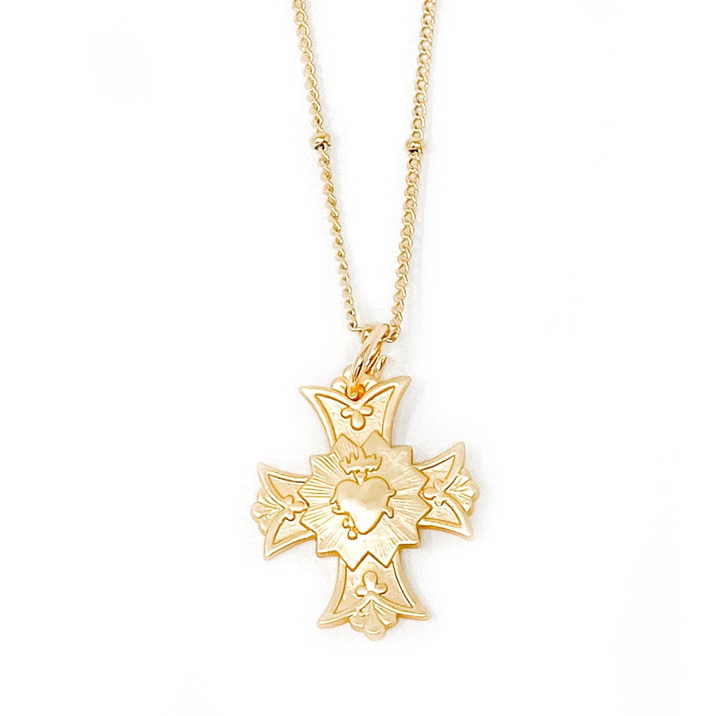18" Beaded Station Chain with Matte Gold Sacred Heart Cross