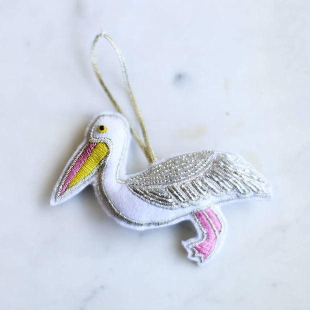 Pelican Beaded Ornament   White   4.5x3.5