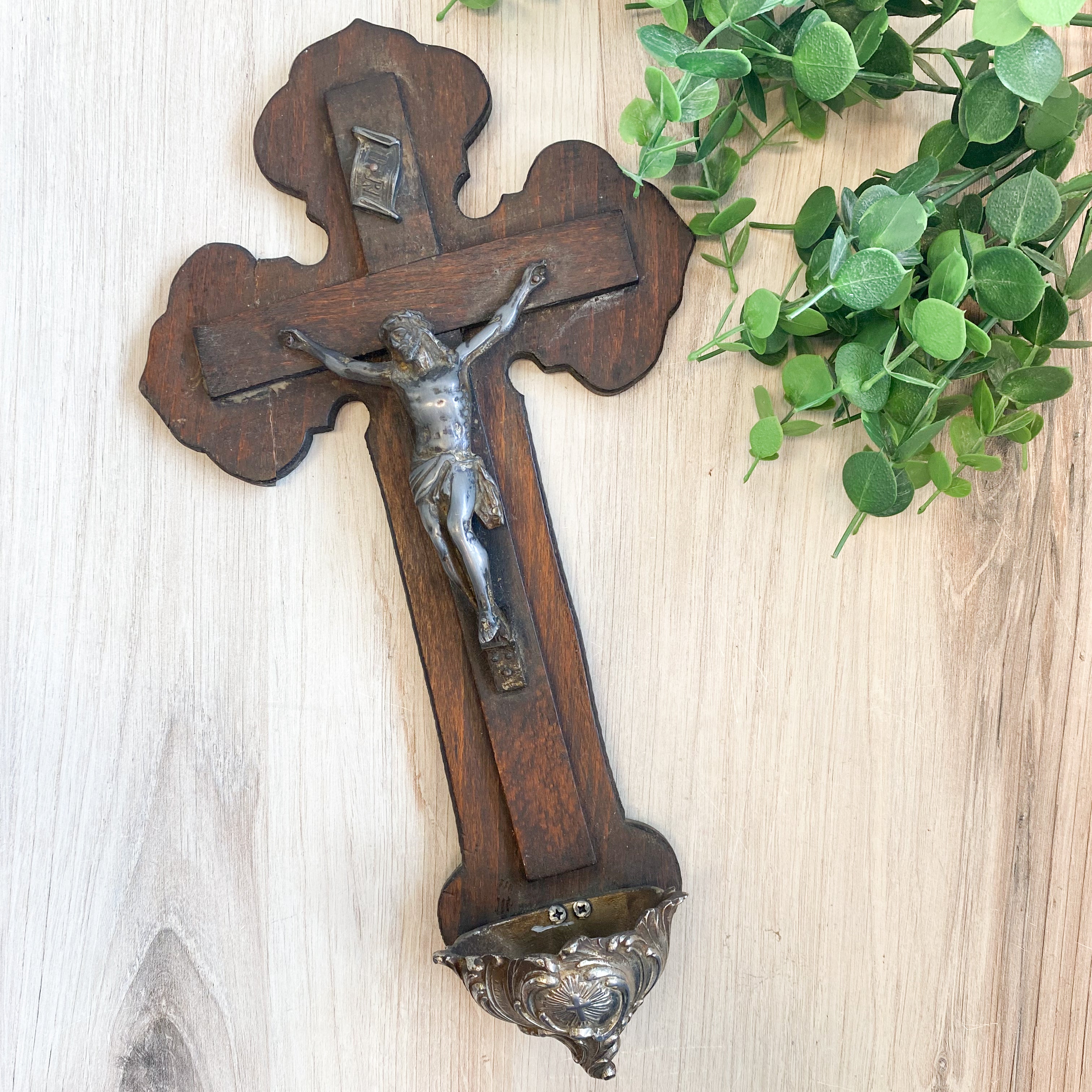 Antique French Wooden Crucifixion Holy Water Font