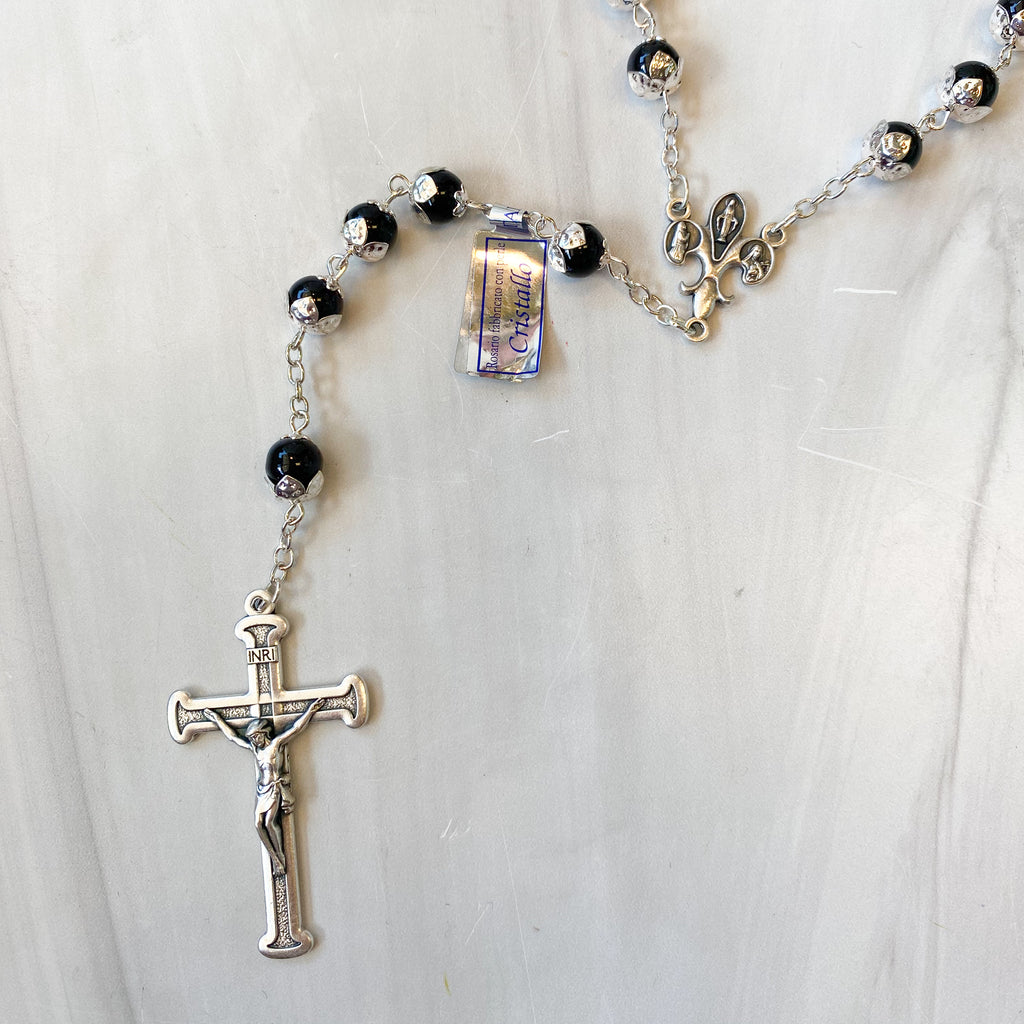 Tulip Capped Black Glass Bead Rosary, Boxed