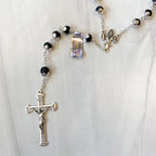 Tulip Capped Black Glass Bead Rosary, Boxed