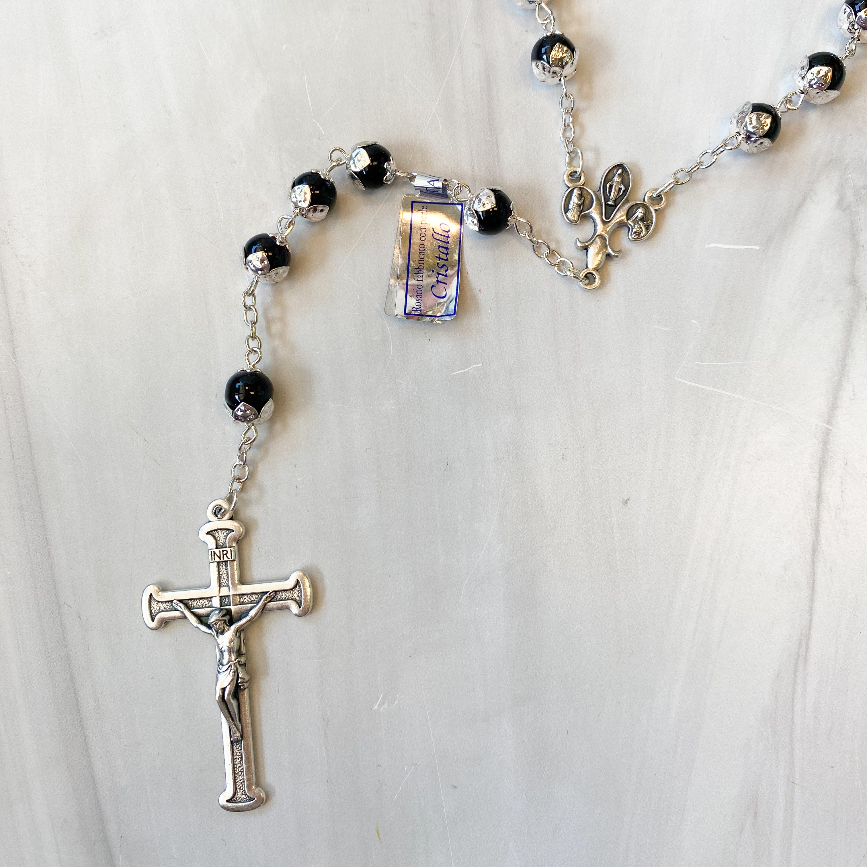 Tulip Capped Black Glass Bead Rosary, Boxed