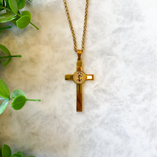 Gold Plated Saint Benedict Stainless Steel Medal Cross on a 24" Chain