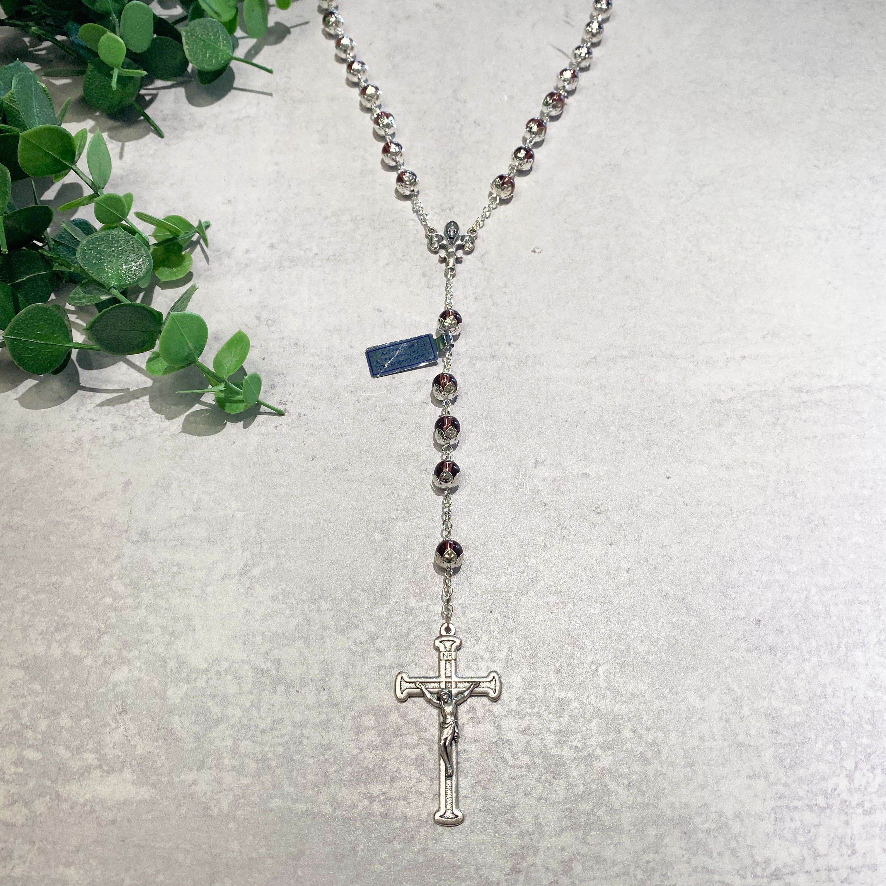 Tulip Capped Amethyst Glass Bead Rosary, Boxed