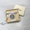 White Pewter Baby in Manger Crib Medal