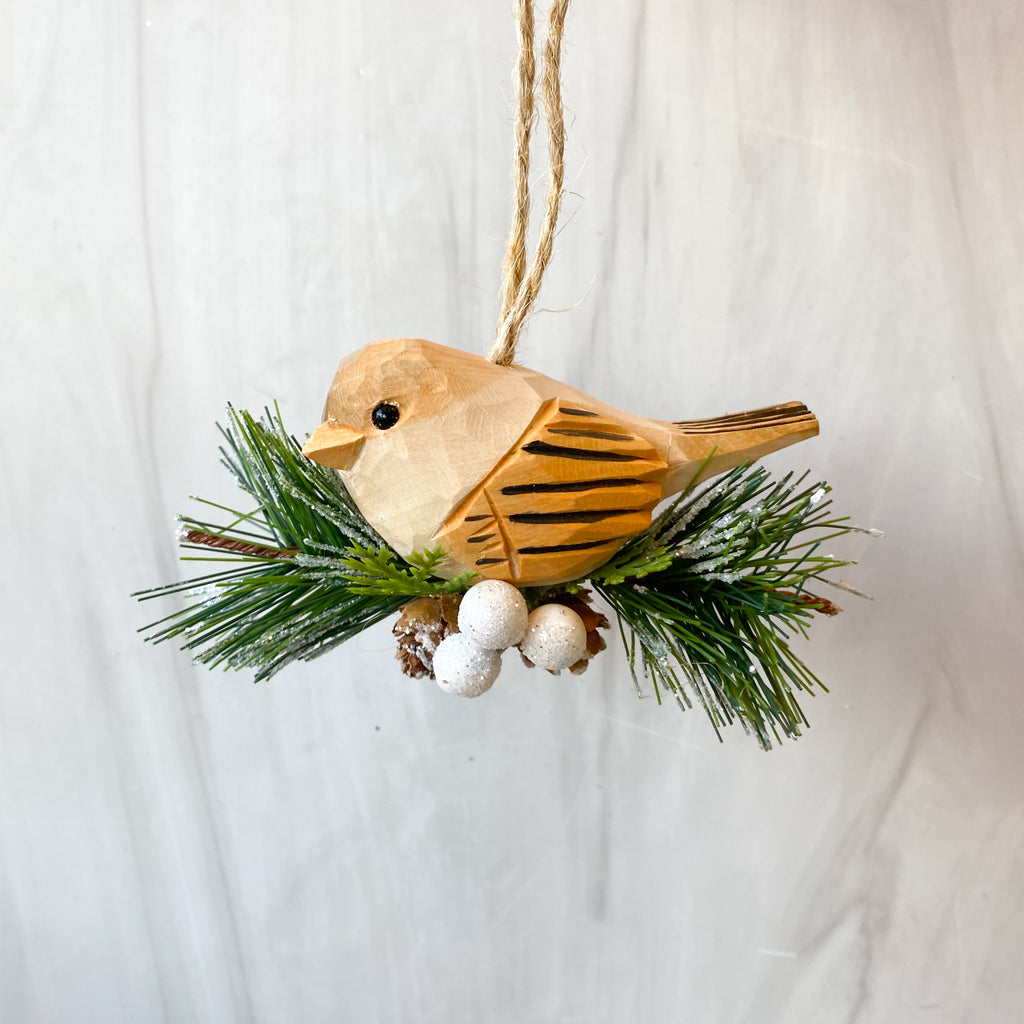 Wood Cardinal on Branch Ornament