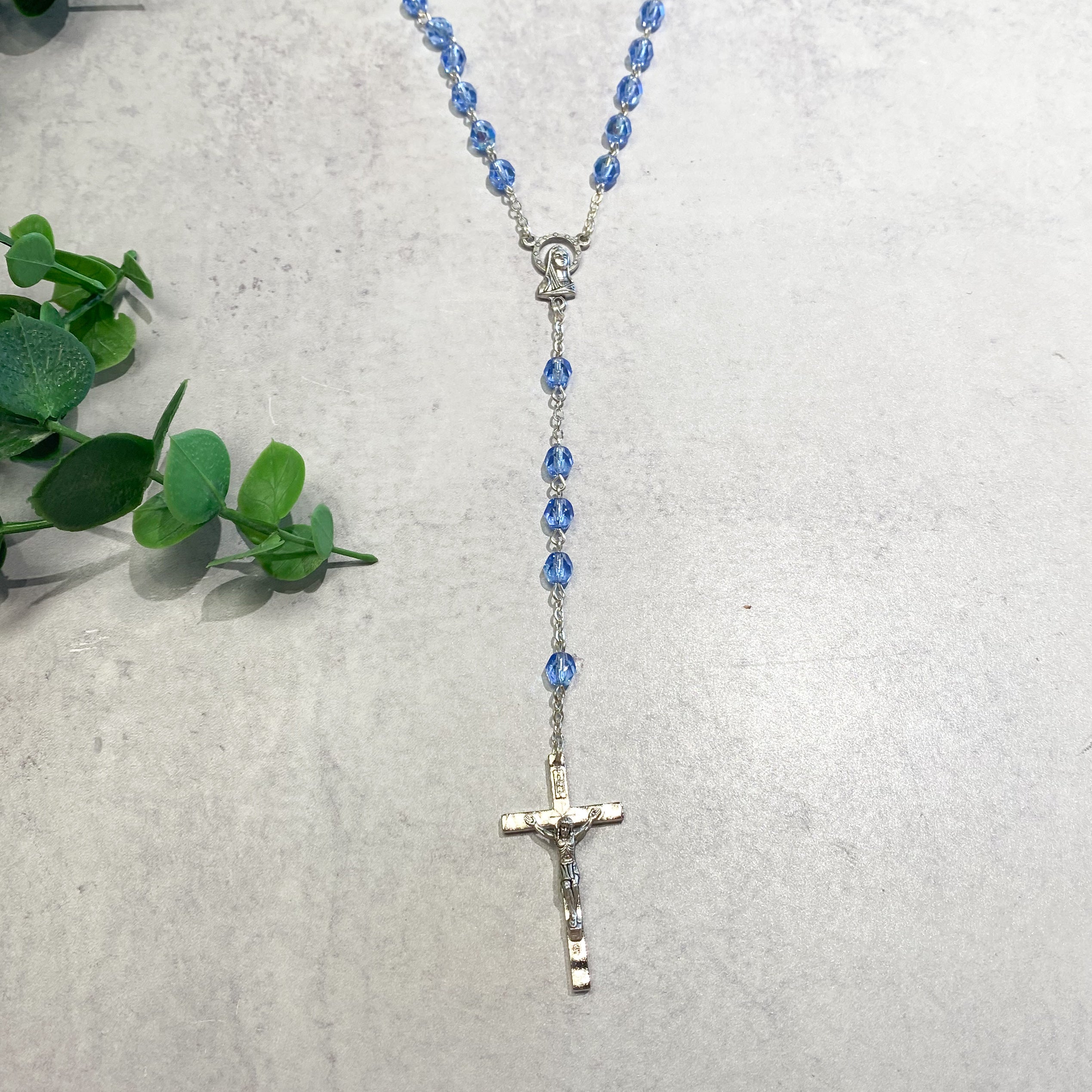 Sapphire Glass Bead Rosary with Deluxe Center and Crucifix