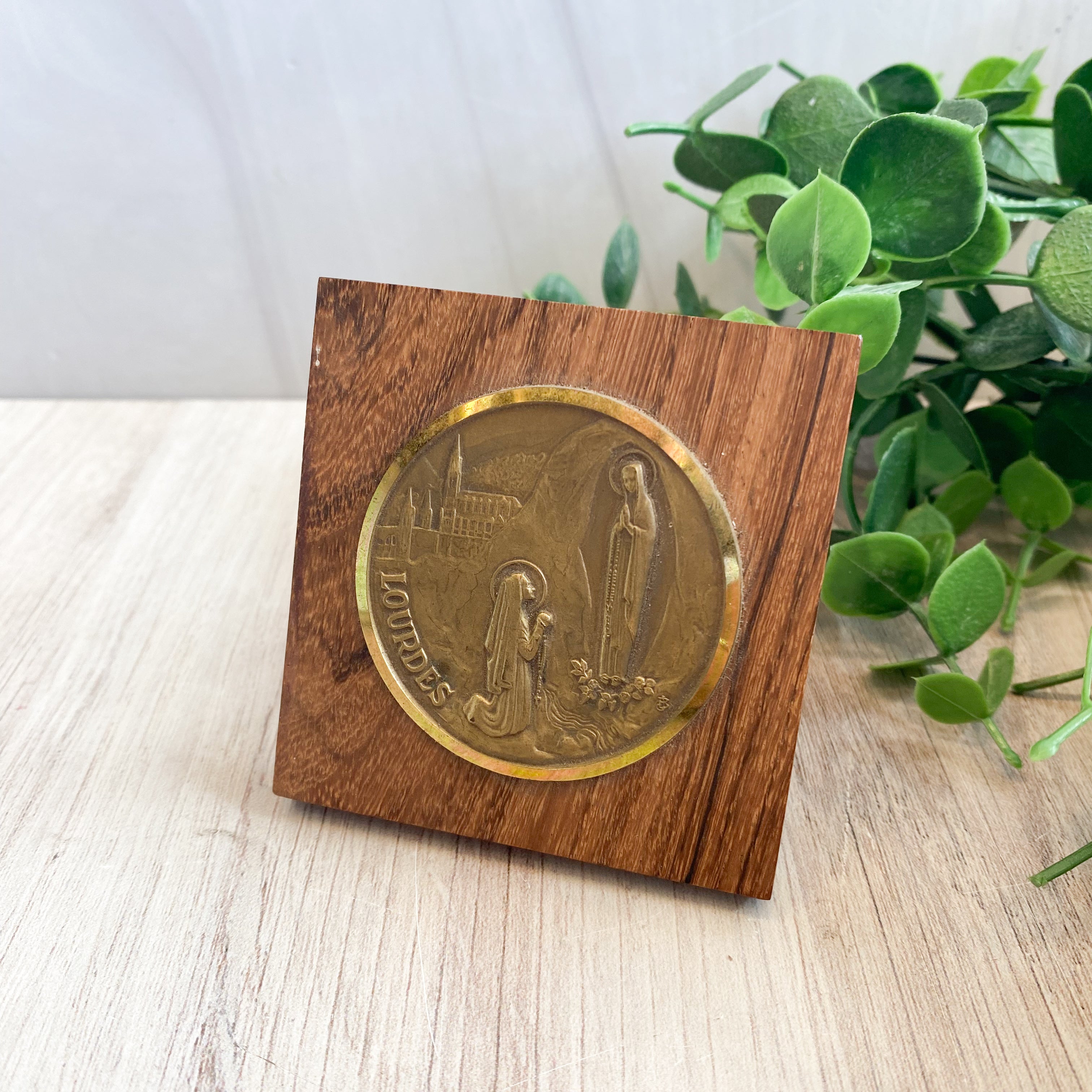 Antique French Our Lady of Lourdes on Wooden Easel
