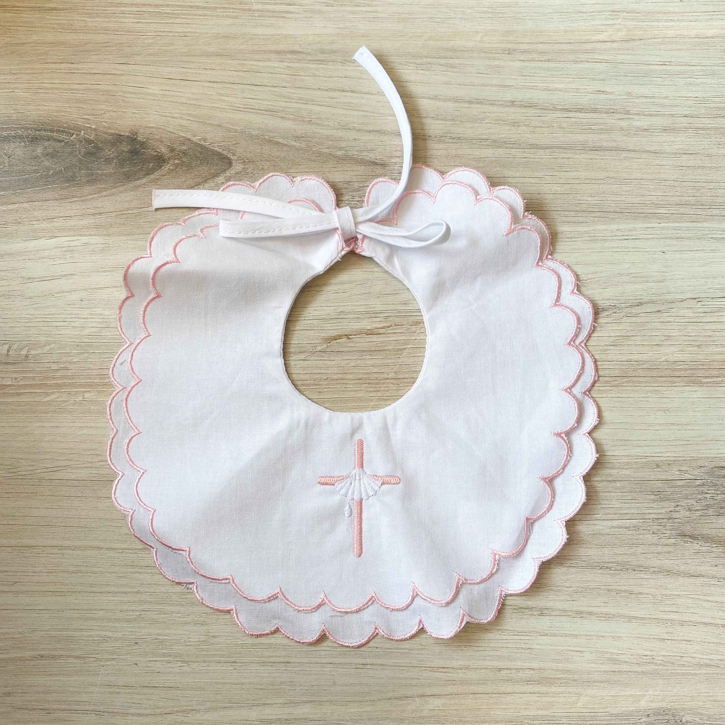 Pink Scalloped Bib with Pink Cross and Baptism Shell
