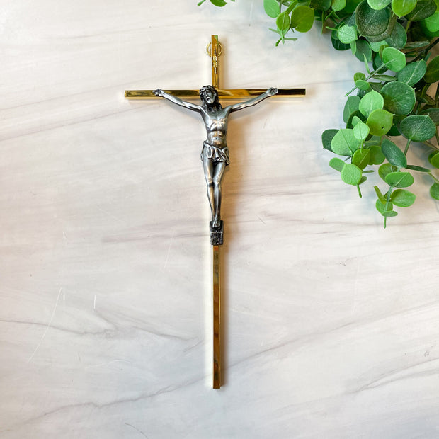 10" Brass Finish Metal Cross with Antiqued Silver Finish Corpus - P65