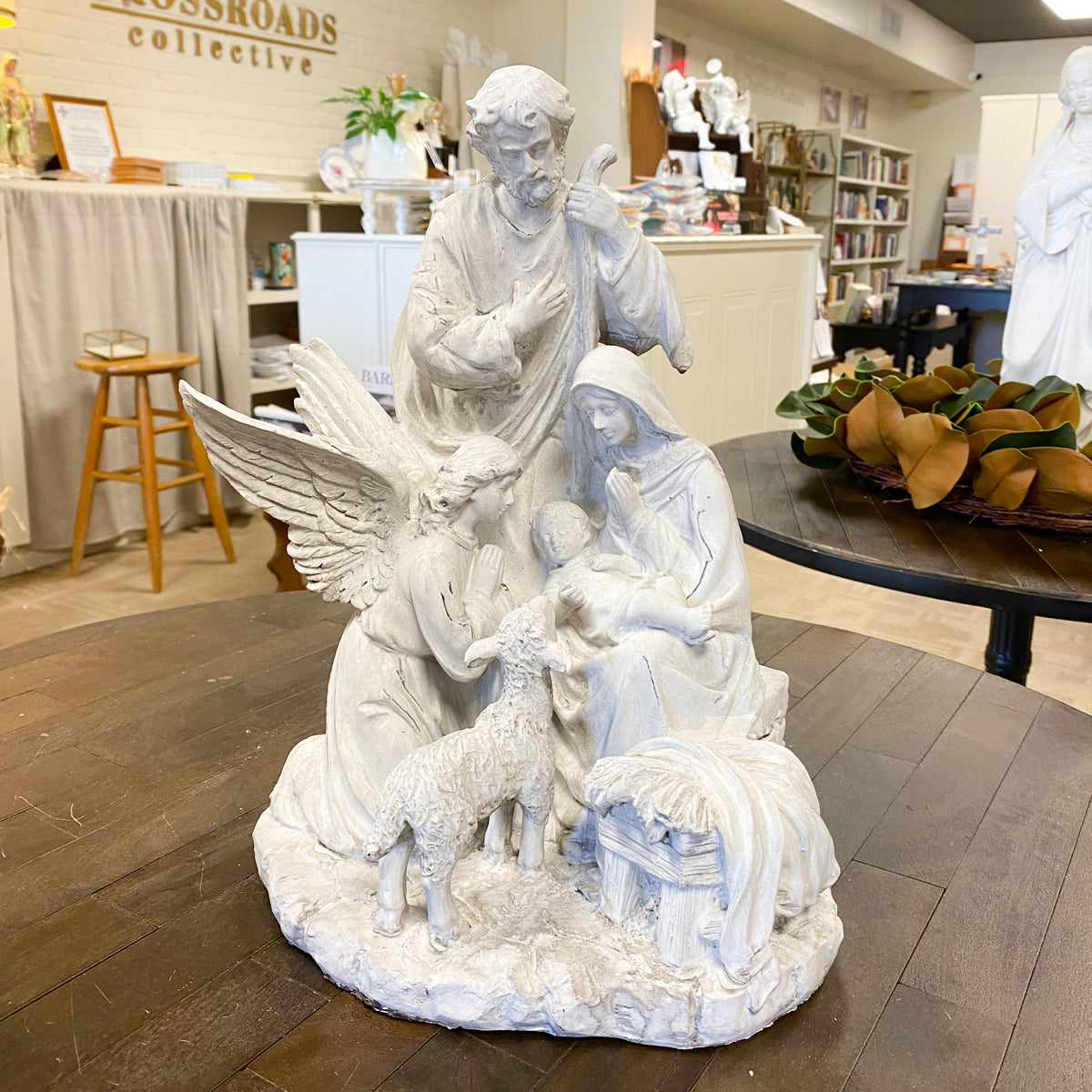 14 Inch Gray Resin Nativity Family w/ Angel & Sheep