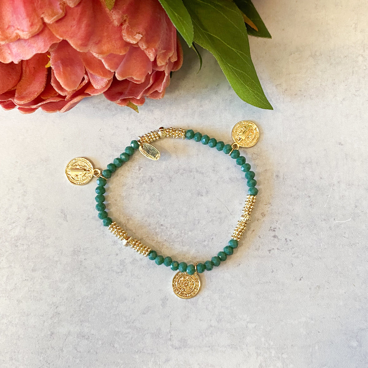 7"L Saint Benedict Bracelet Gold; Stretch; 5 Colors