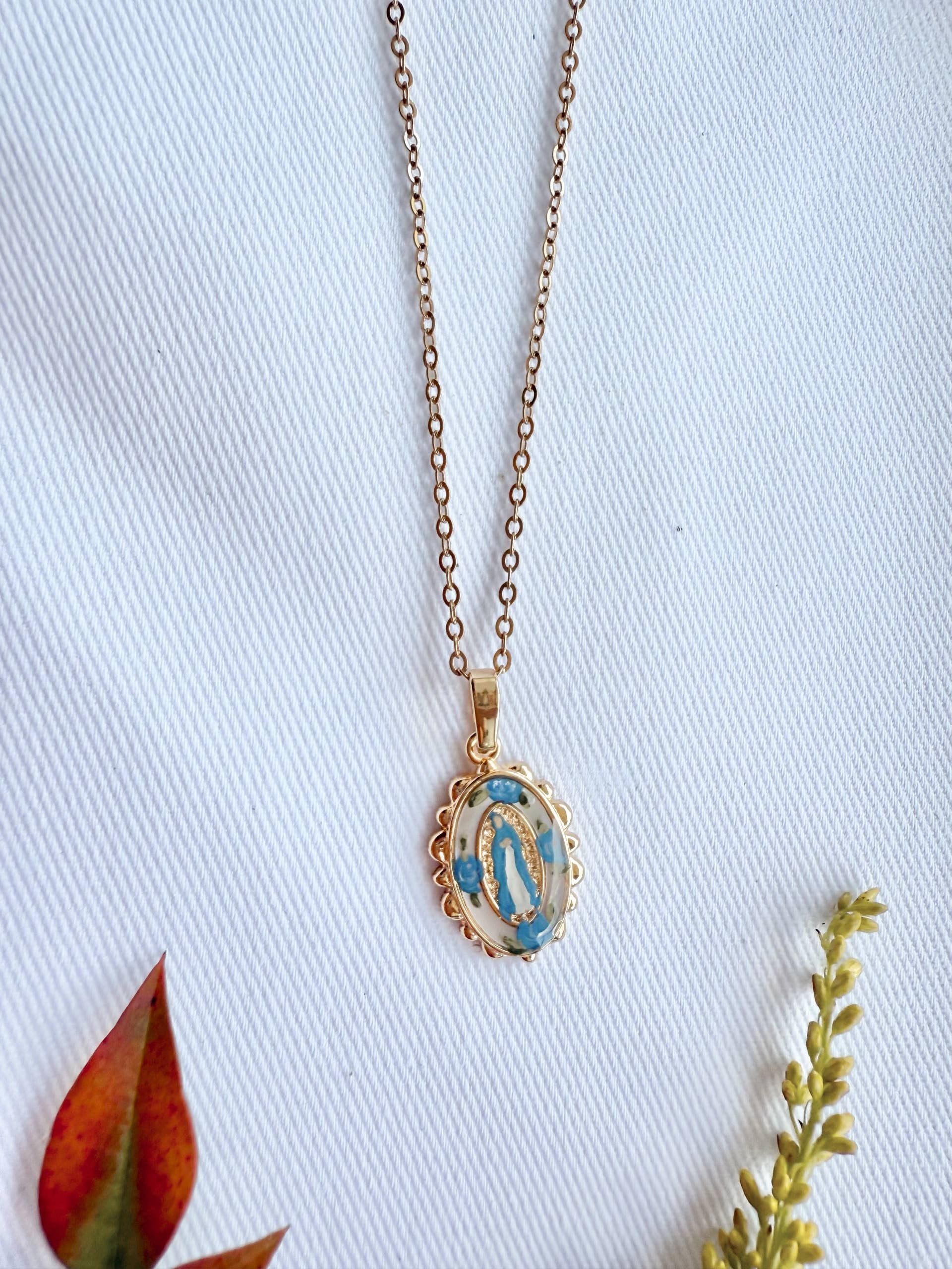 Dainty Our Lady in Blue Roses Necklace