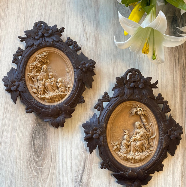 Rare Antique Belgium Black Forest Hand-Carved Relief (pair)