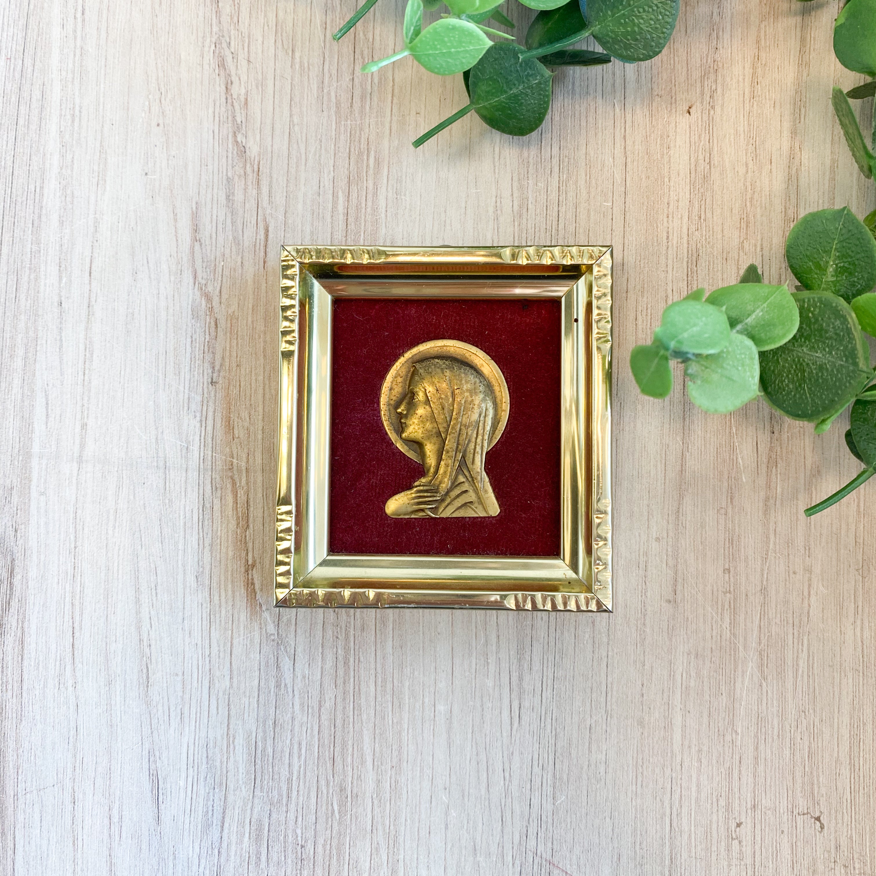 Antique French Gold Madonna piece on velvet in Gold Frame