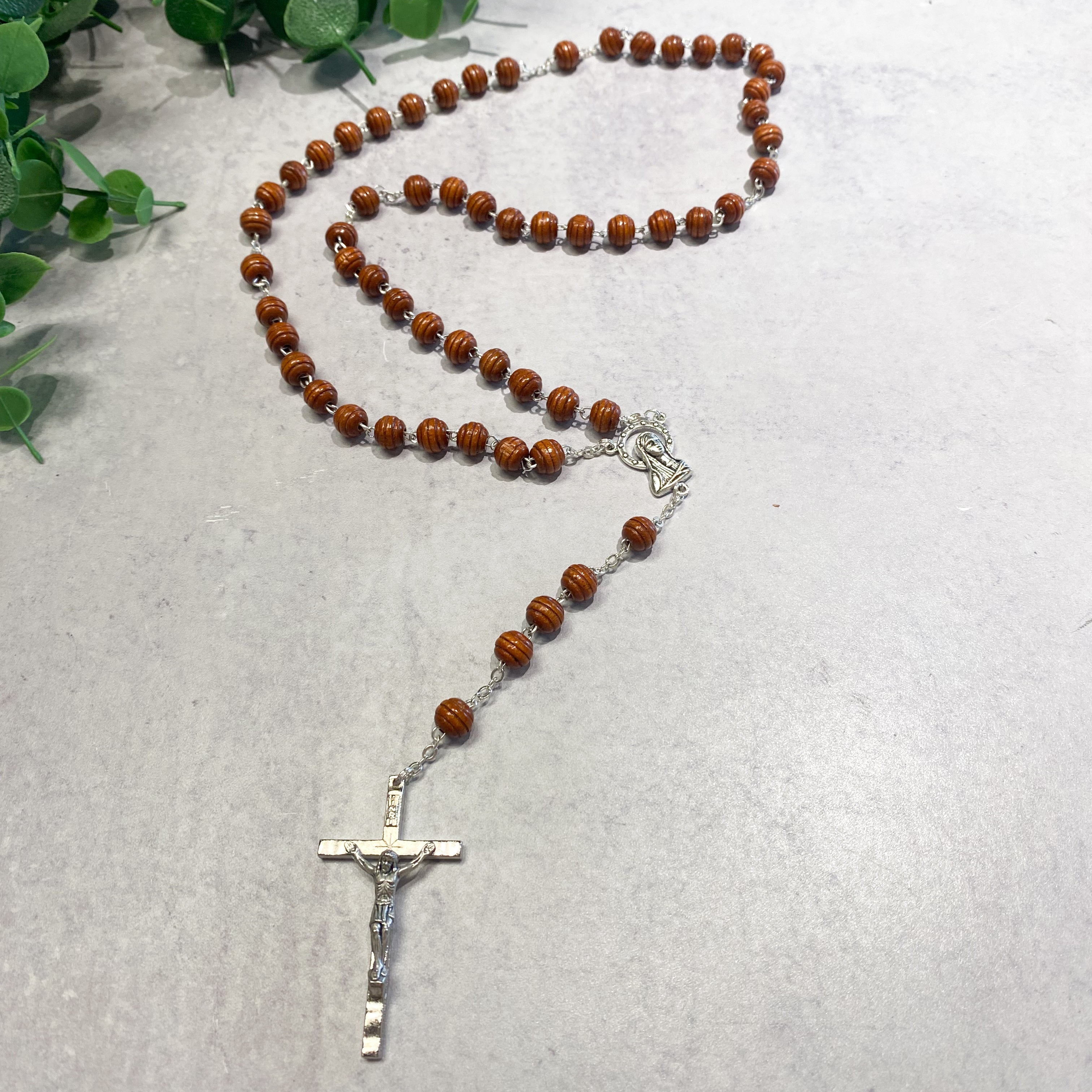 Brown Carved Wood Bead Rosary, Boxed