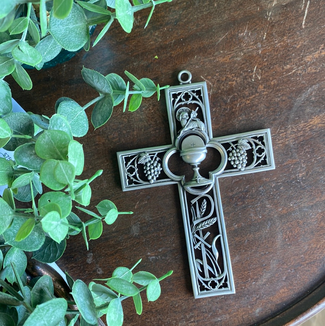 Cathedral Touch First Communion Cross with Chalice Center in Genuine Pewter