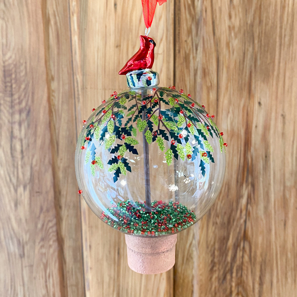 4" Cardinal and Holly Ball Ornament