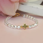 Fancy Pearls Golden Cross 5" Bracelet  CJ-574