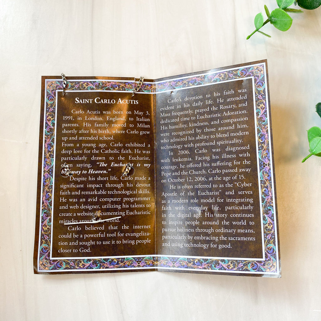 St. Carlo Acutis Genuine Pewter Medal on a 24"chain with Biography and Picture Folder