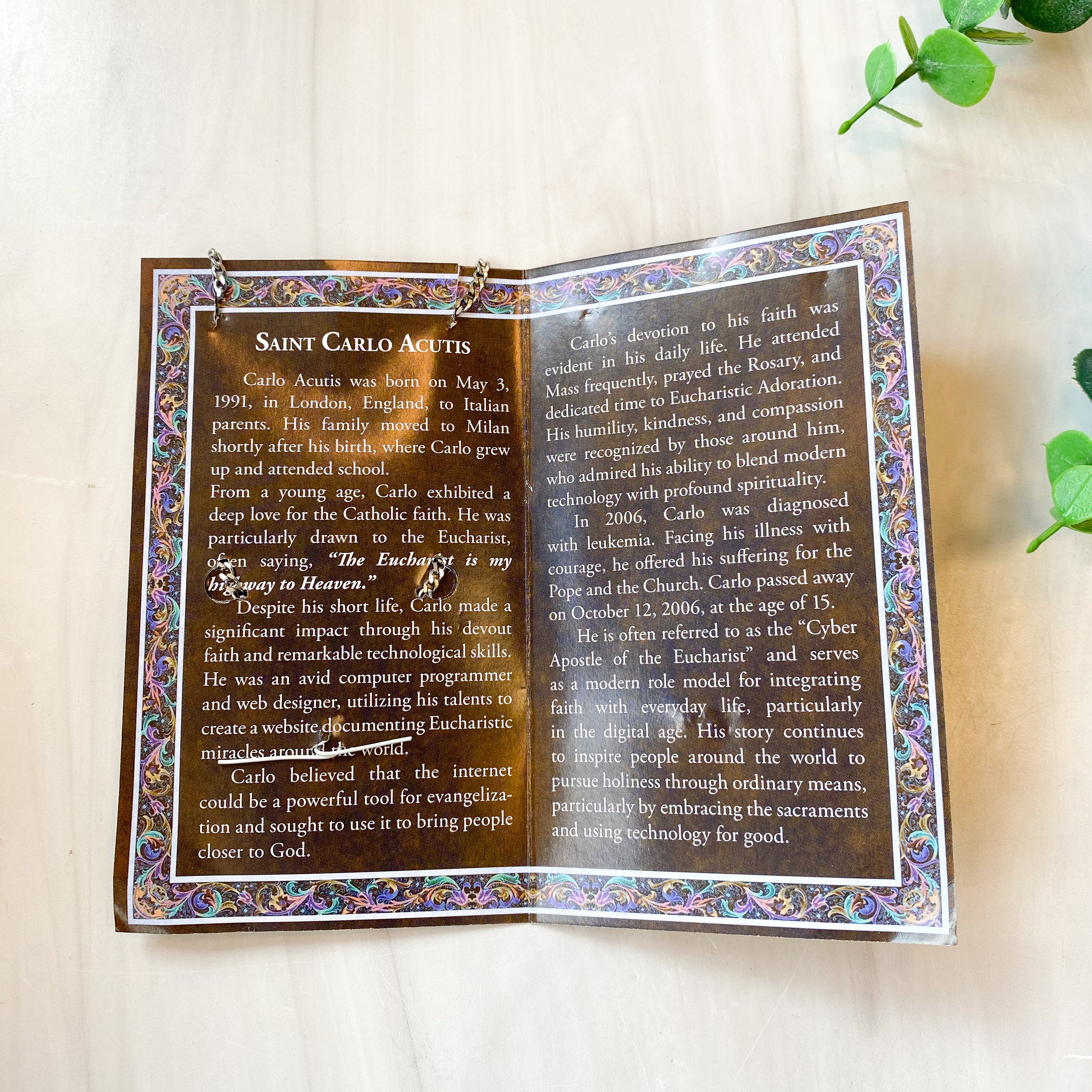 St. Carlo Acutis Genuine Pewter Medal on a 24"chain with Biography and Picture Folder