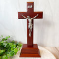 10" Dark Cherry Wood Standing Crucifix with a Fine Pewter Corpus
