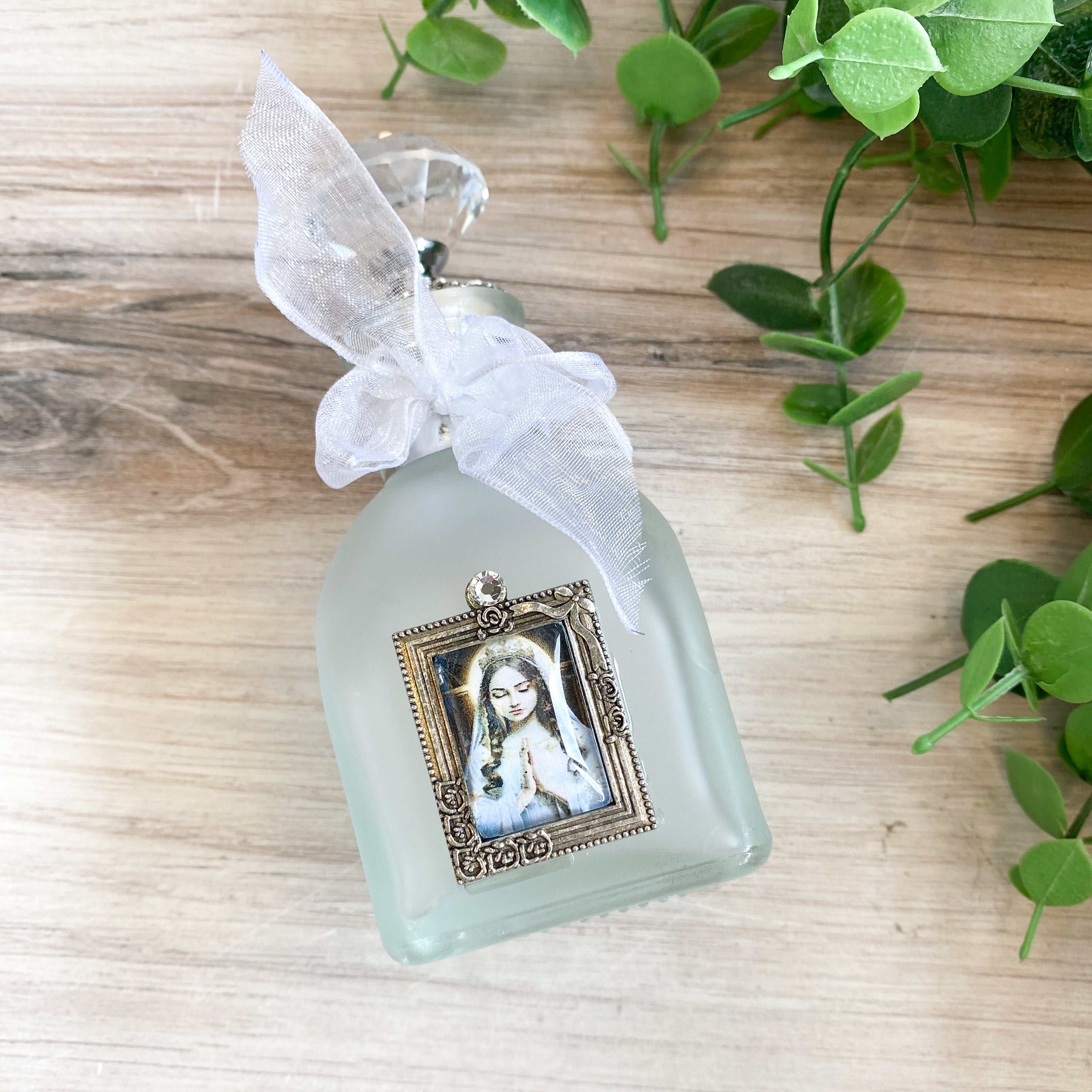 HWB24150 - Holy Water Bottle - Blessed Virgin Child, Small  Frosted, Silver Accents