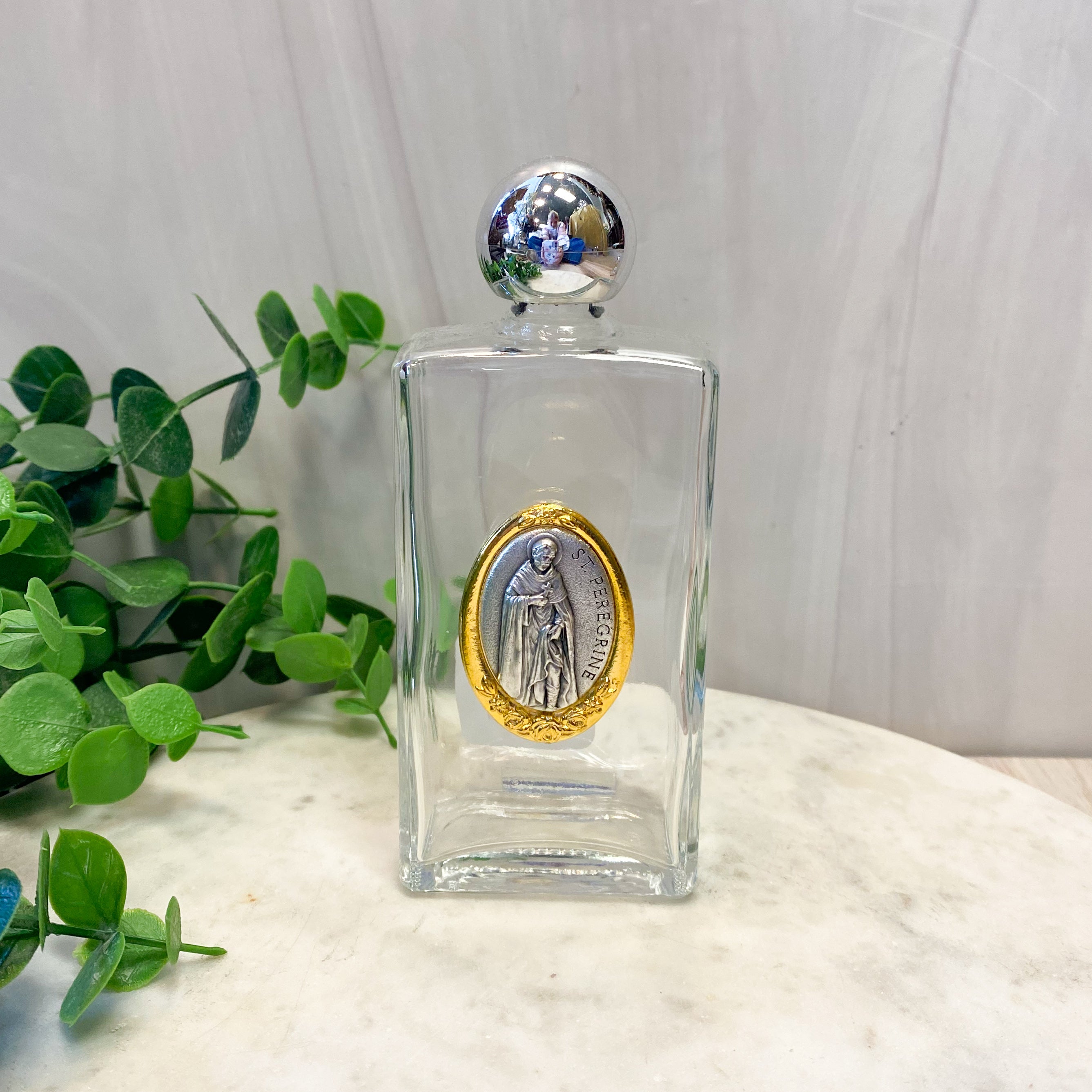 Glass Holy Water Bottle with St. Peregrine