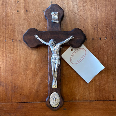 Wood Crucifix with Metal Corpus & Holy Spirit Medallion 8.75"