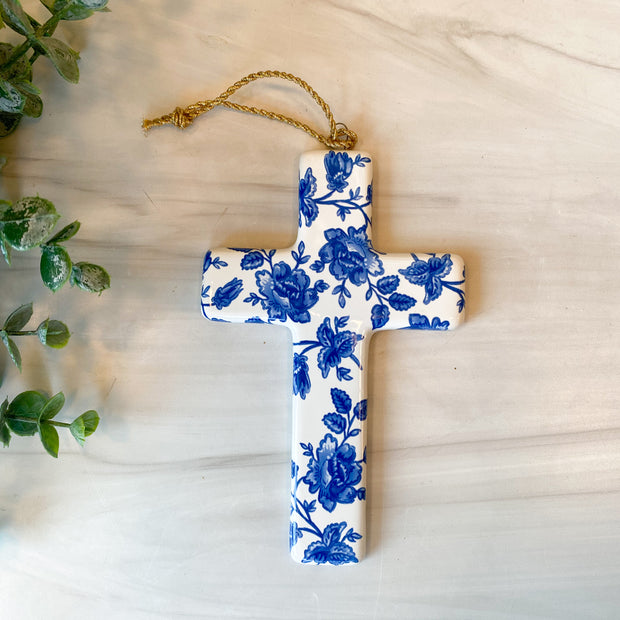 Blue Chinoiserie Cross Shaped Ceramic Ornament